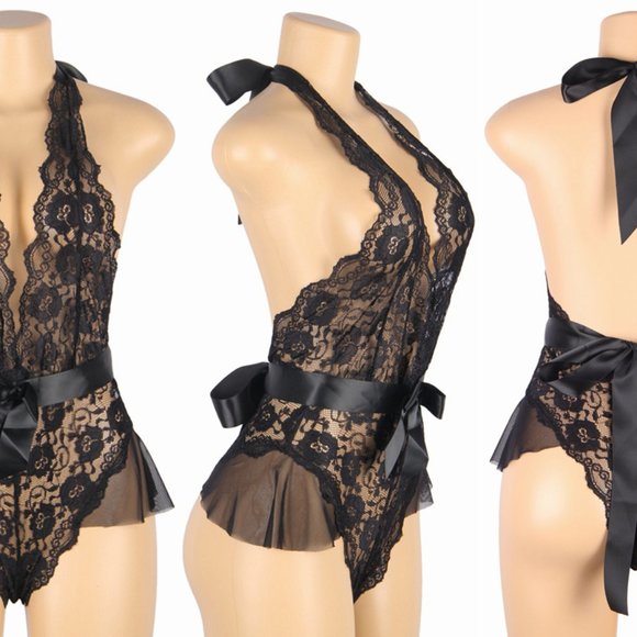 Sexy Backless Halter V Neckline Ruffle Teddy With Bow - Picture 6 of 8